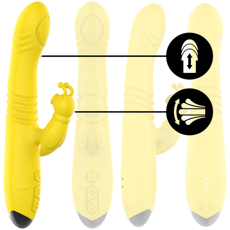Vibrador multifunções INTENSE Toky amarelo com movimento cima/baixo e estimulador clitoriano, para prazer intenso.