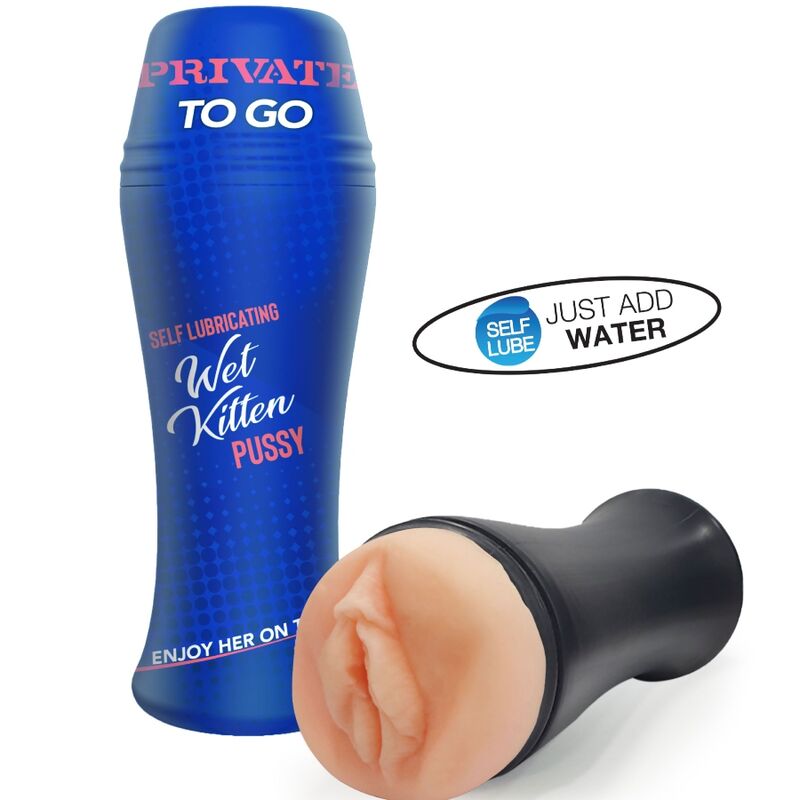 PRIVATE Masturbador Wet Kitten Auto Lube To Go, mostrando o seu design compacto e textura interna.
