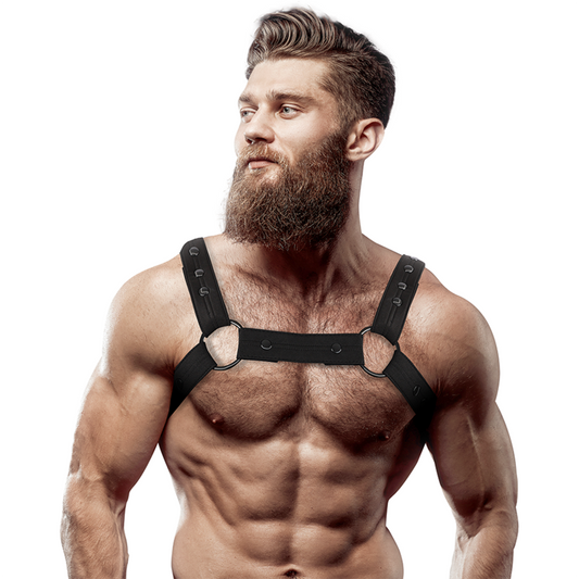 Arnês esportivo de neoprene ajustável FETISH SUBMISSIVE ATTITUDE para homens, realçando a figura masculina.