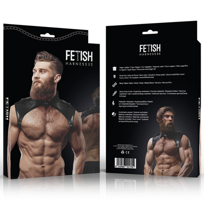 Close-up of the FETISH SUBMISSIVE ATTITUDE Brigade Men's Vegan Leather Adjustable Chest Harness, showcasing its design and material.