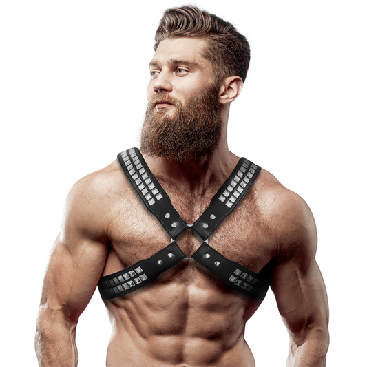 Arnês de Peito Cruzado Masculino em Couro Ecológico com Rebites - Fetish Submissive Attitude