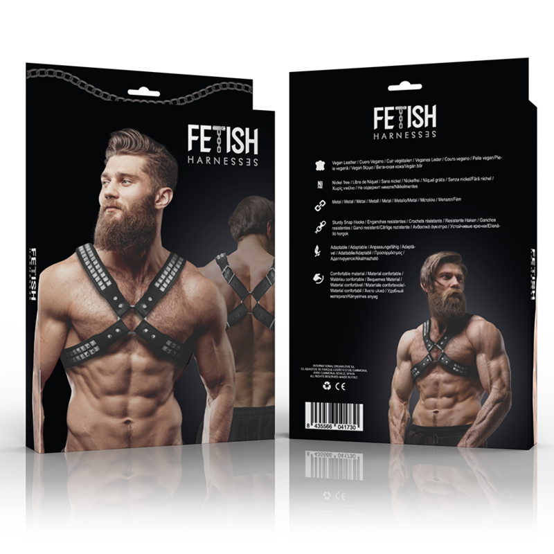 Arnês de Peito Cruzado Masculino em Couro Ecológico com Rebites - Fetish Submissive Attitude