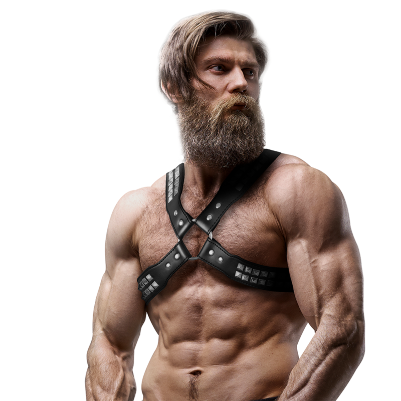 Arnês de Peito Cruzado Masculino em Couro Ecológico com Rebites - Fetish Submissive Attitude