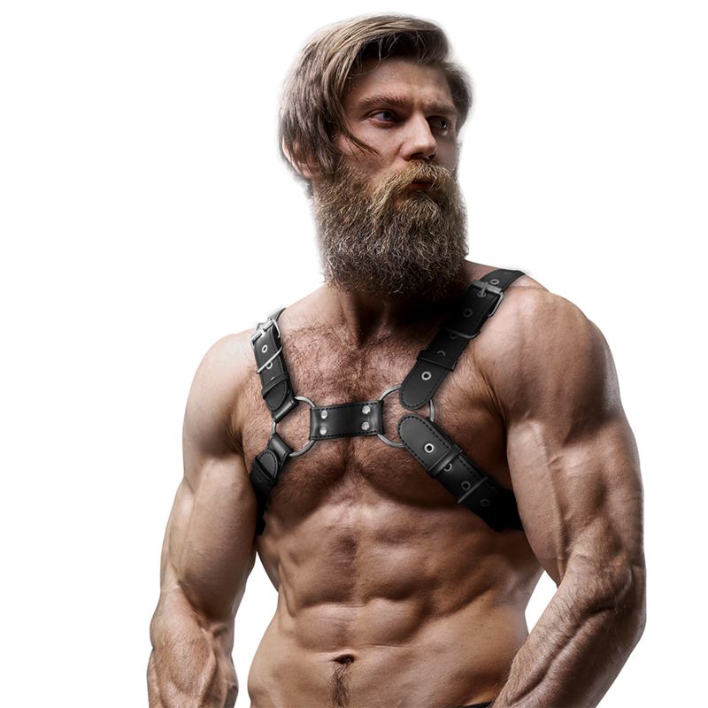 Arnês de peito masculino FETISH de couro ecológico, ajustável e elegante.