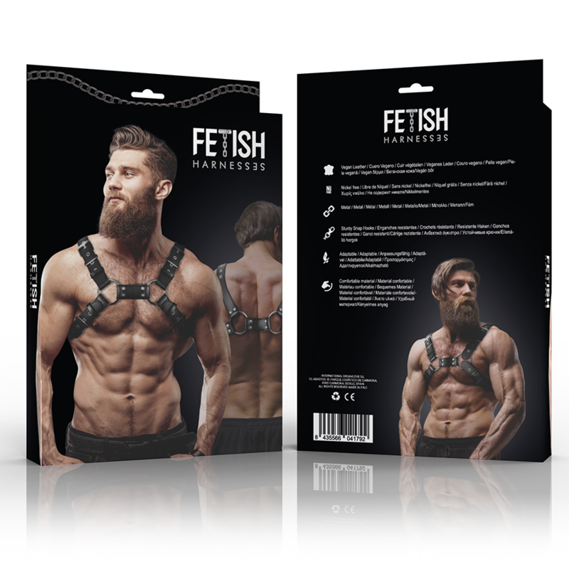 Arnês de peito masculino FETISH de couro ecológico, ajustável e elegante.