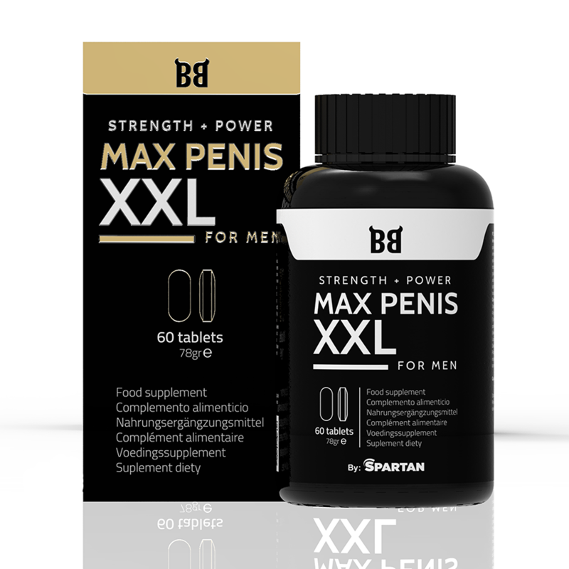Embalagem do suplemento BLACK BULL MAX PENIS XXL para aumento peniano e potência masculina, 60 comprimidos.