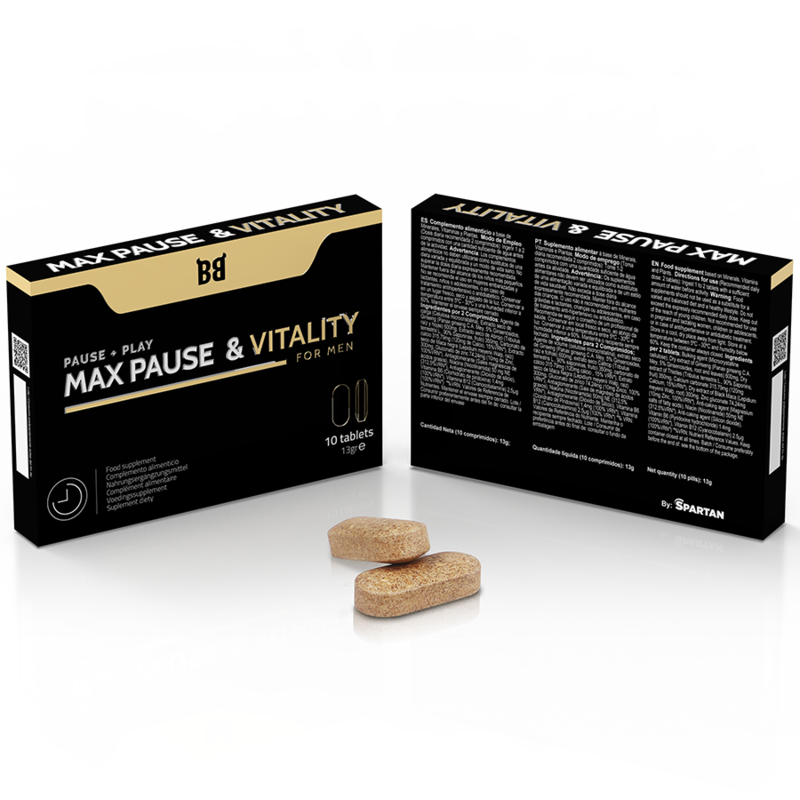 Embalagem do BLACK BULL Max Pause Retardante de Vitalidade para Homens, com 10 cápsulas.