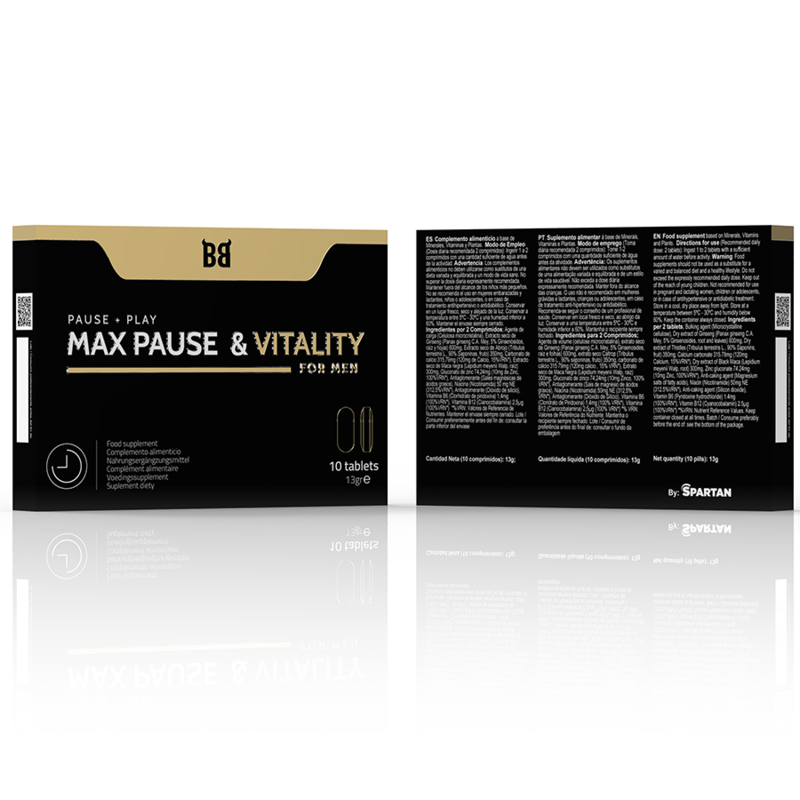 Embalagem do BLACK BULL Max Pause Retardante de Vitalidade para Homens, com 10 cápsulas.