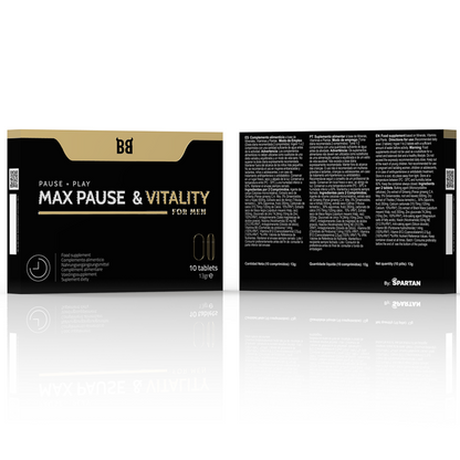 Embalagem do BLACK BULL Max Pause Retardante de Vitalidade para Homens, com 10 cápsulas.