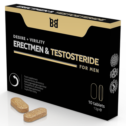 Embalagem do suplemento BLACK BULL Ereção & Testosterona - 10 Cápsulas, focado na vitalidade masculina