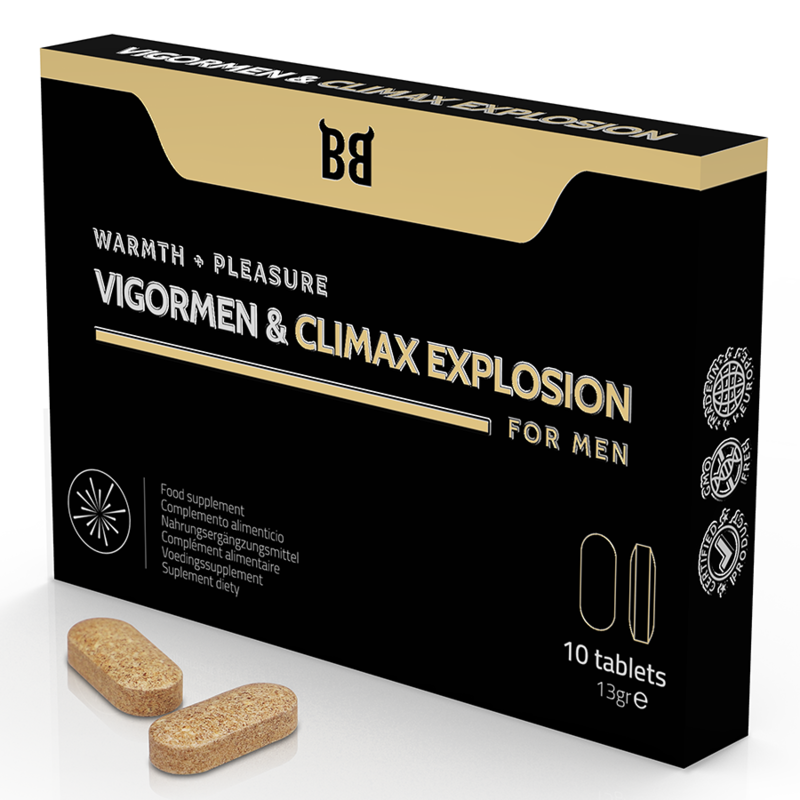 Cápsulas BLACK BULL Vigormen & Climax Explosion, suplemento para ereção e orgasmo intenso masculino.