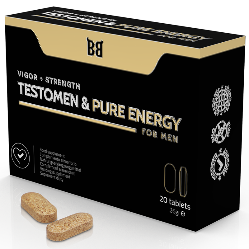 Cápsulas BLACK BULL Testômeno Pure Energy Enhancer para vitalidade masculina e energia.