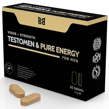 Cápsulas BLACK BULL Testômeno Pure Energy Enhancer para vitalidade masculina e energia.