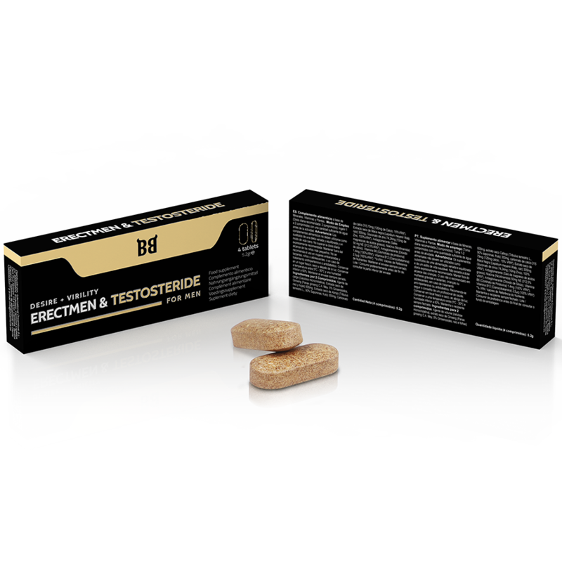 Suplemento BLACK BULL Erectmen & Testosterona para homens, embalagem com 4 cápsulas