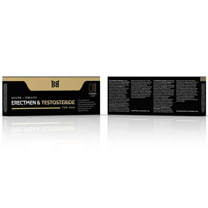 Suplemento BLACK BULL Erectmen & Testosterona para homens, embalagem com 4 cápsulas