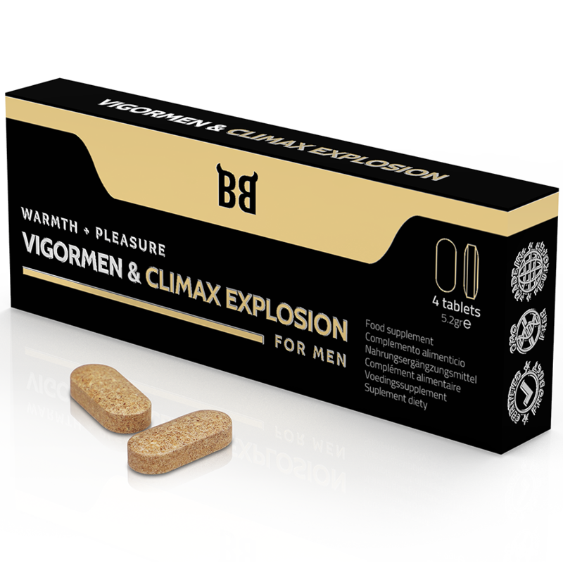 Embalagem de BLACK BULL Vigormen & Climax Explosion Suplemento para Maior Prazer 4 Cápsulas
