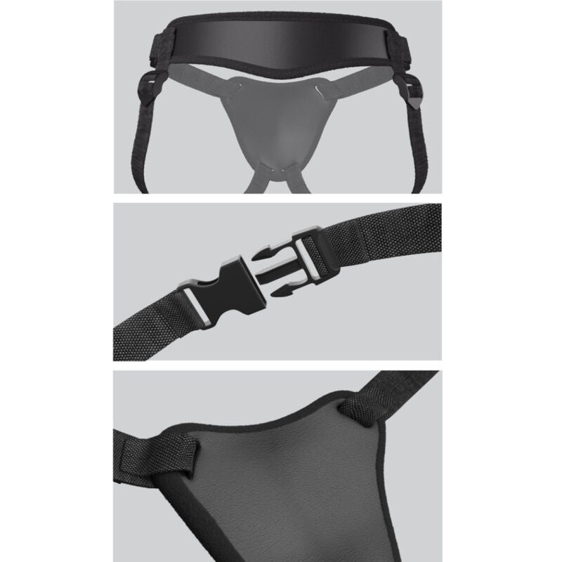 Arnês Body Dock Elite Pipedreams com design de sucção para dildos, mostrando a placa de silicone adaptável e as alças ajustáveis.