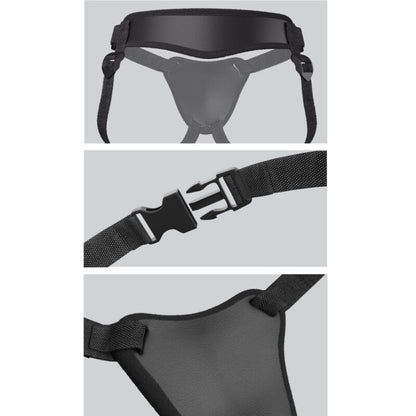 Arnês Body Dock Elite Pipedreams com design de sucção para dildos, mostrando a placa de silicone adaptável e as alças ajustáveis.