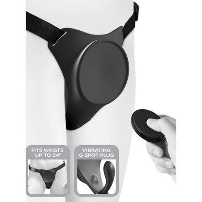 PIPEDREAMS Arnês Body Dock G-Spot Pro Vibratório, mostrando o design ergonómico e a placa de sucção para dildos.