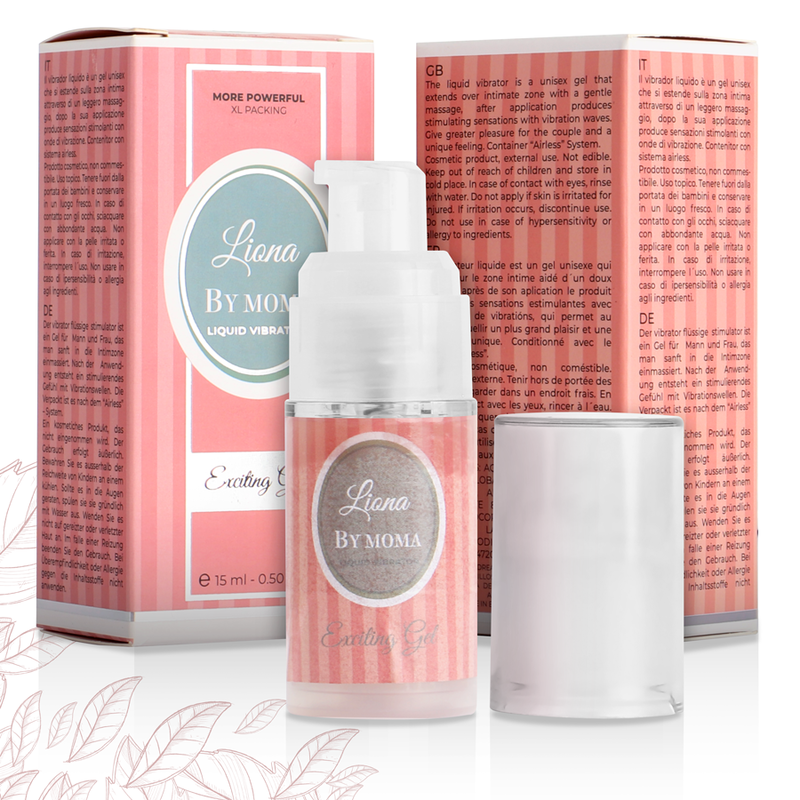 Embalagem do LIONA BY MOMA Gel Líquido Vibrador Efeito Excitante 15 ML, destacando o design e a marca.