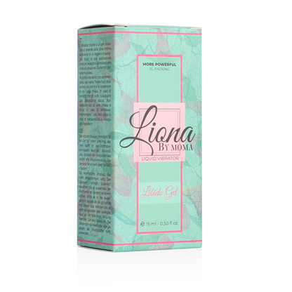 Embalagem de LIONA BY MOMA Gel Vibratório Líquido Libido 15ml, com detalhes do design elegante do produto.