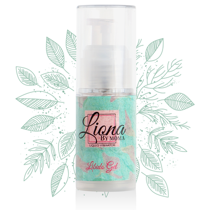 Embalagem de LIONA BY MOMA Gel Vibratório Líquido Libido 15ml, com detalhes do design elegante do produto.
