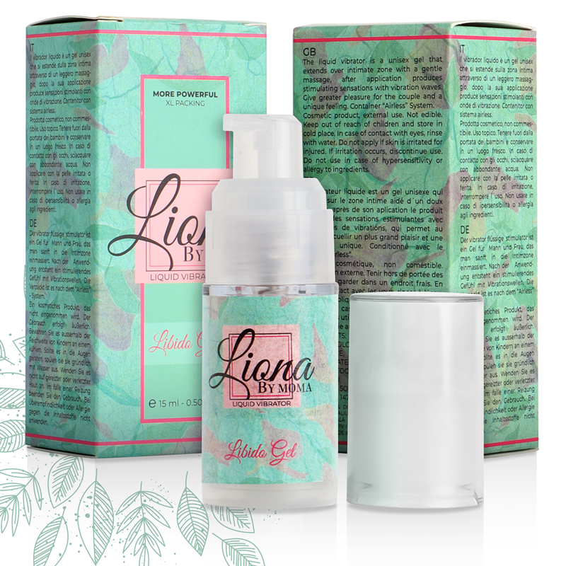 Embalagem de LIONA BY MOMA Gel Vibratório Líquido Libido 15ml, com detalhes do design elegante do produto.