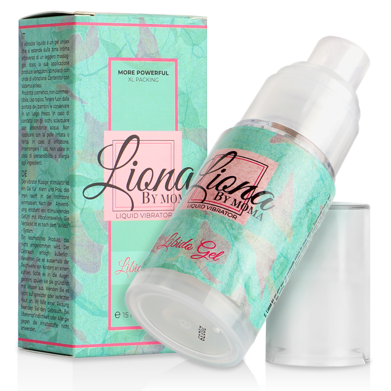 Embalagem de LIONA BY MOMA Gel Vibratório Líquido Libido 15ml, com detalhes do design elegante do produto.