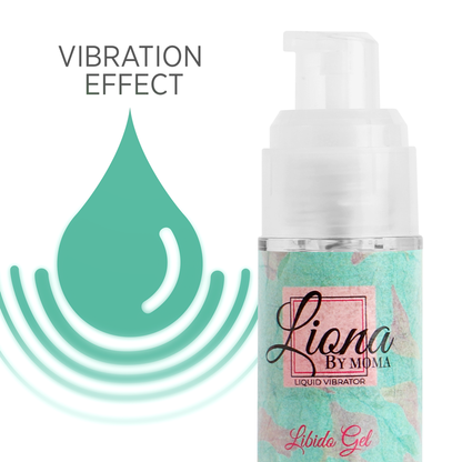 Embalagem de LIONA BY MOMA Gel Vibratório Líquido Libido 15ml, com detalhes do design elegante do produto.