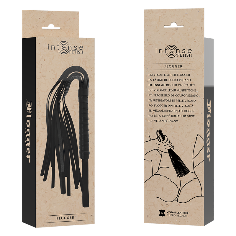 Close-up of the INTENSE FETISH Chicote Flogger de Couro Vegano, showing its texture and flexible straps.