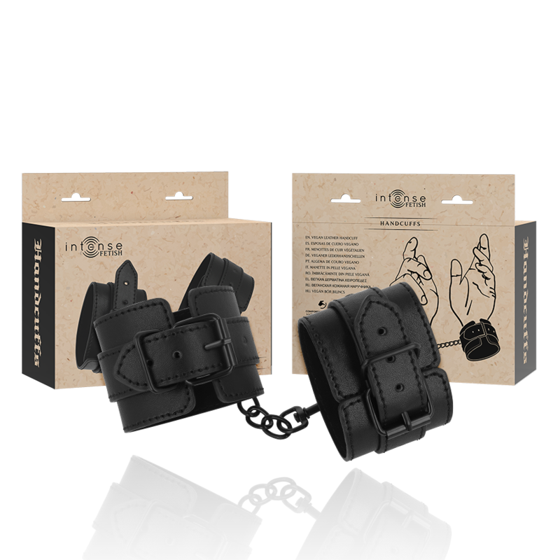 Algemas de Couro Vegano Ajustáveis Intense Fetish em detalhe, mostrando material e fivelas.