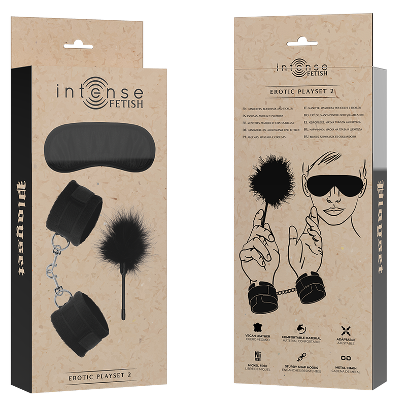 Conjunto erótico INTENSE FETISH com algemas, venda e tickler em couro vegano.