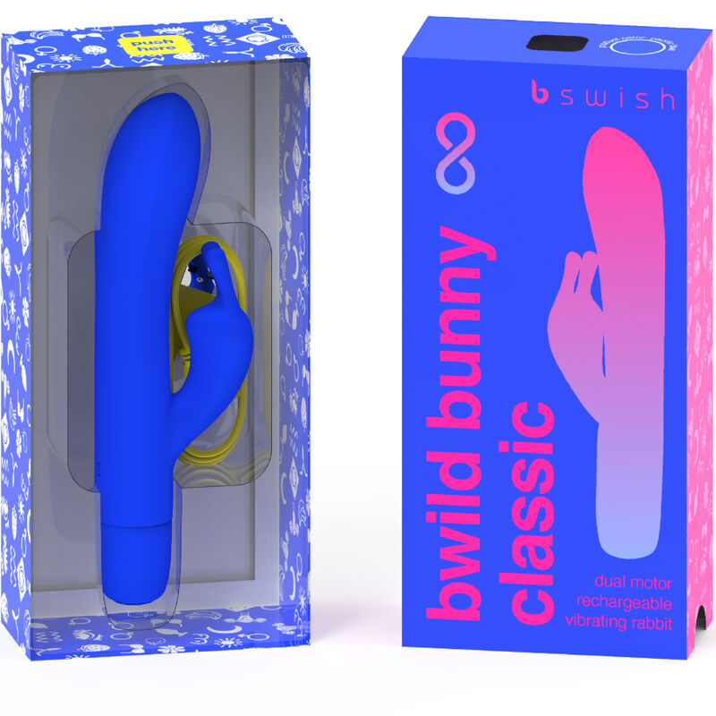 Vibrador B SWISH Bwild Bunny Infinite Classic recarregável azul de silicone para estimulação dupla.