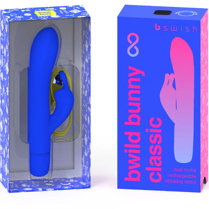 Vibrador B SWISH Bwild Bunny Infinite Classic recarregável azul de silicone para estimulação dupla.