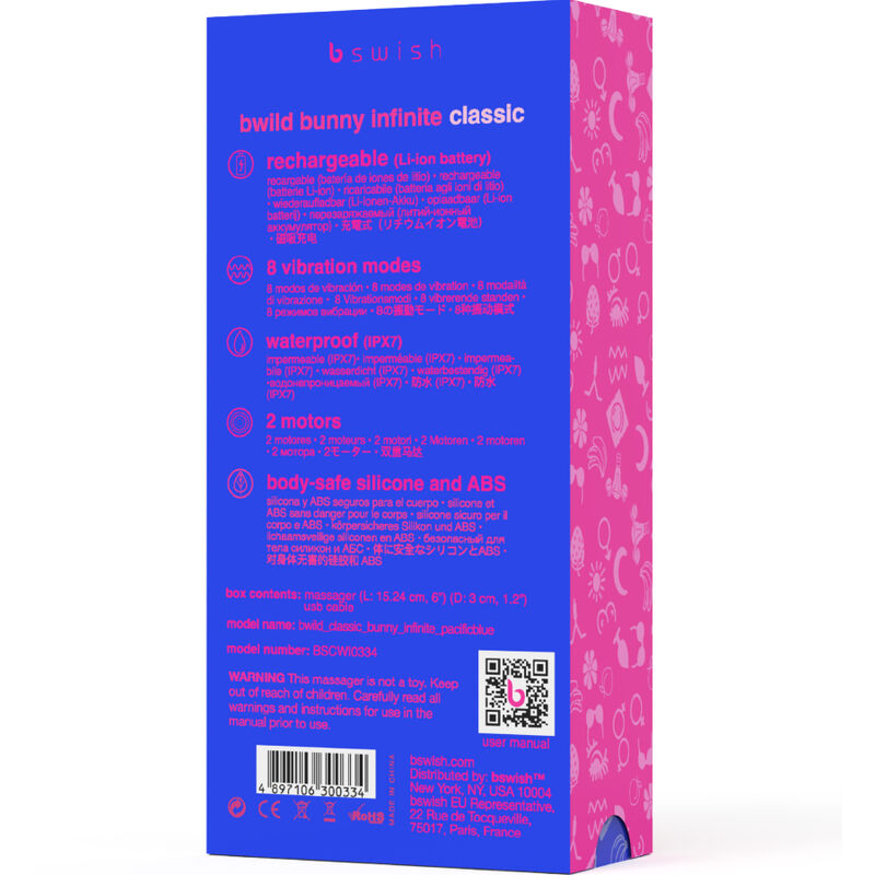 Vibrador B SWISH Bwild Bunny Infinite Classic recarregável azul de silicone para estimulação dupla.