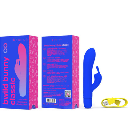 Vibrador B SWISH Bwild Bunny Infinite Classic recarregável azul de silicone para estimulação dupla.