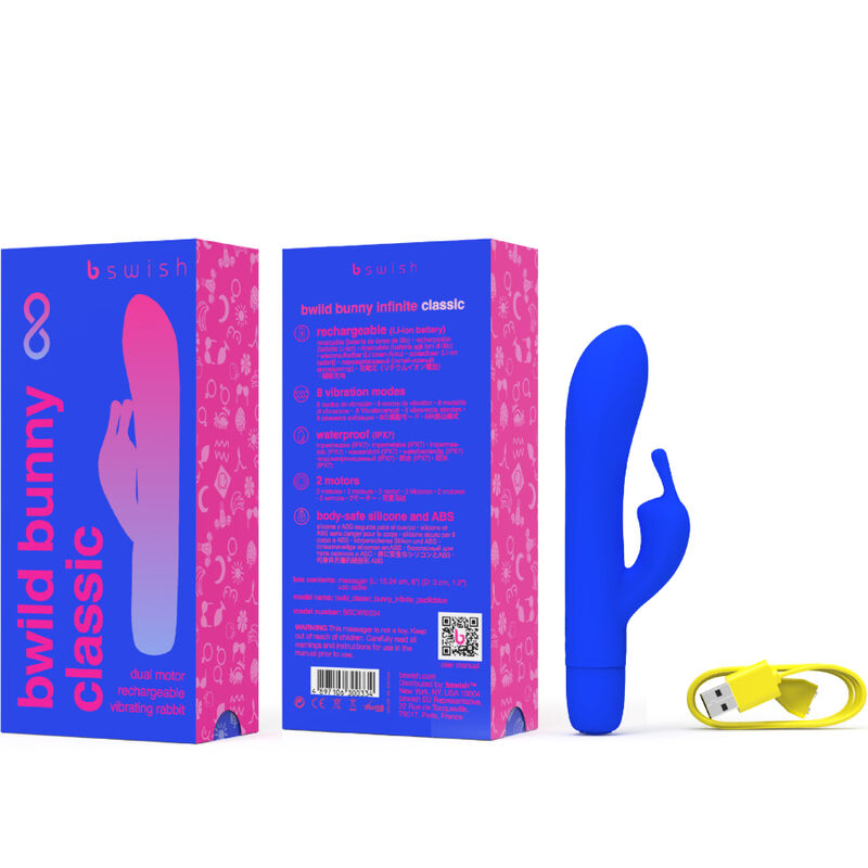 Vibrador B SWISH Bwild Bunny Infinite Classic recarregável azul de silicone para estimulação dupla.