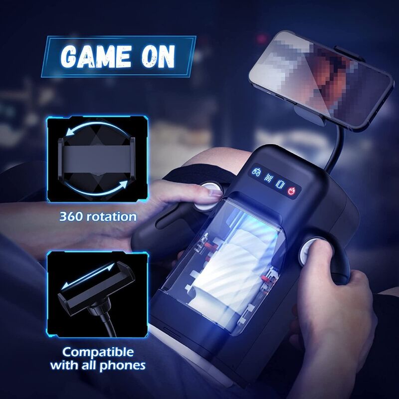 Masturbador masculino GAME CUP preto com função de vibração de impulso, aquecimento e suporte para smartphone