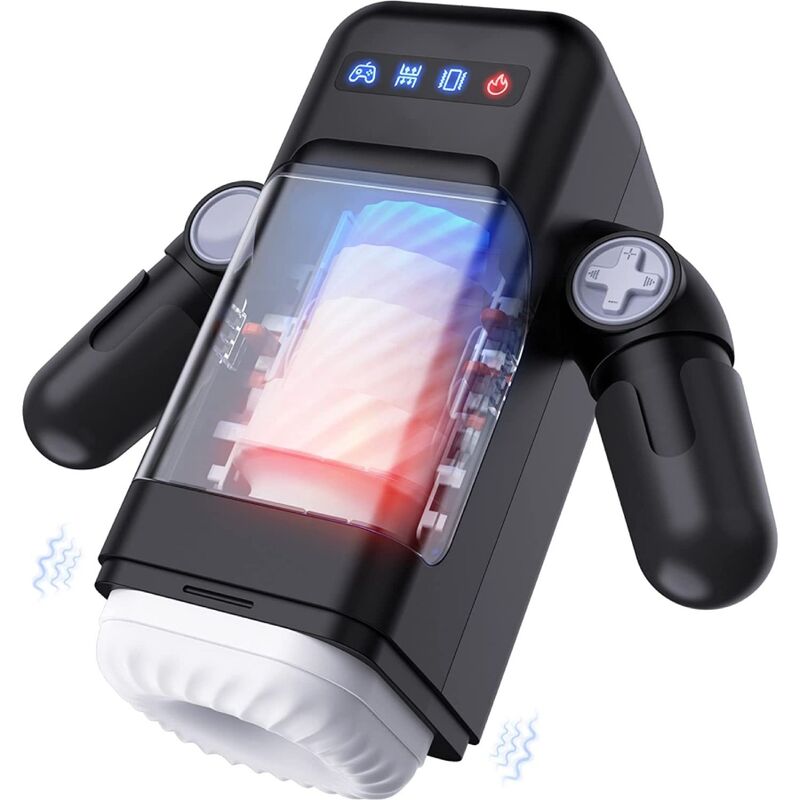 Masturbador masculino GAME CUP preto com função de vibração de impulso, aquecimento e suporte para smartphone