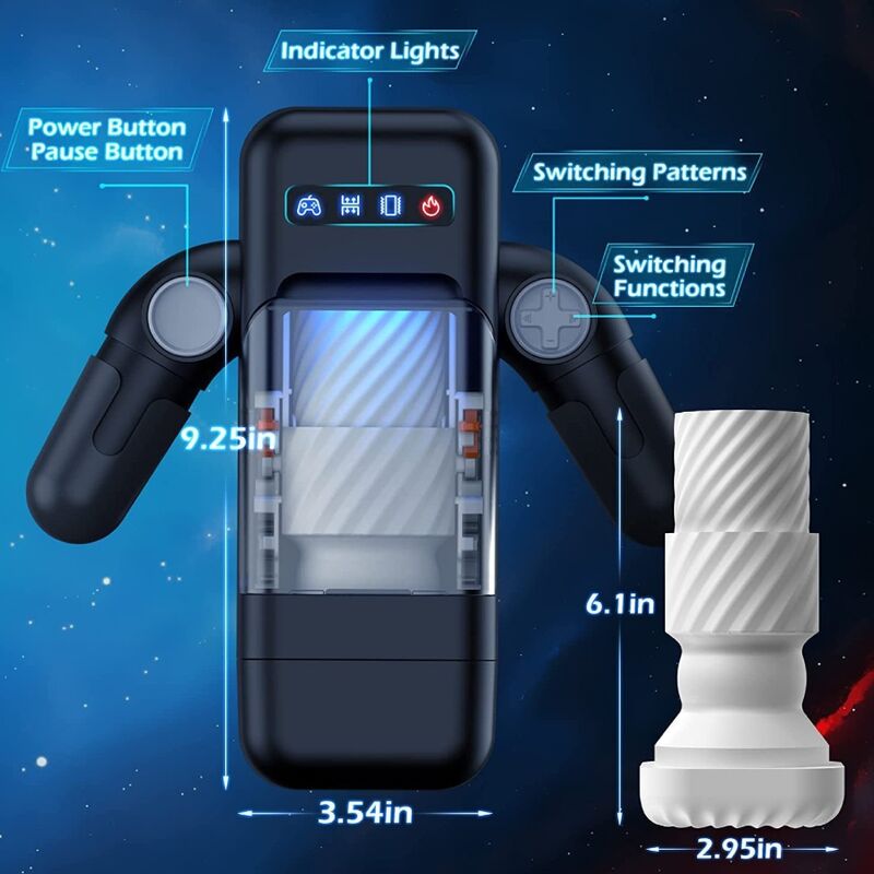 Masturbador masculino GAME CUP preto com função de vibração de impulso, aquecimento e suporte para smartphone