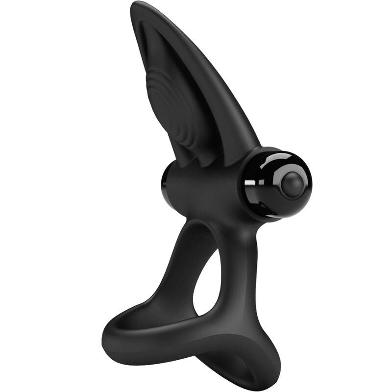 PRETTY LOVE Anel Vibrante 10 Funções Silicone para Casais Preto, destacando o design ergonómico e estimuladores.