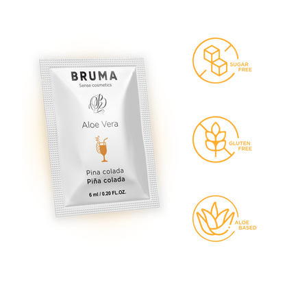 Close-up do Gel Deslizante BRUMA Aloe Vera Sabor Pina Colada 6 ML, destacando a embalagem e o design.