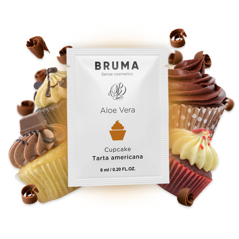 Close-up of the BRUMA Gel Deslizante Aloe Vera Sabor Cupcake 6 ML, highlighting its packaging and inviting design.