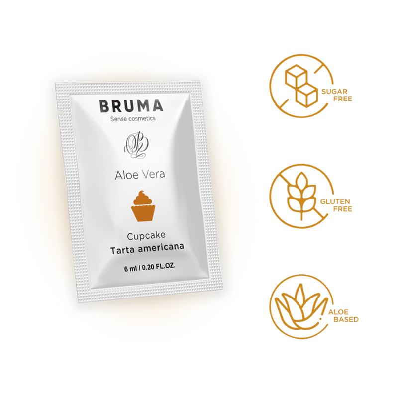Close-up of the BRUMA Gel Deslizante Aloe Vera Sabor Cupcake 6 ML, highlighting its packaging and inviting design.
