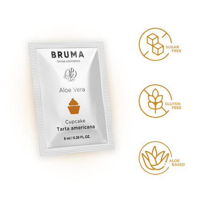 Close-up of the BRUMA Gel Deslizante Aloe Vera Sabor Cupcake 6 ML, highlighting its packaging and inviting design.
