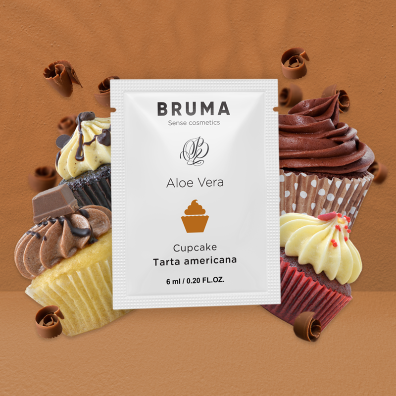 Close-up of the BRUMA Gel Deslizante Aloe Vera Sabor Cupcake 6 ML, highlighting its packaging and inviting design.