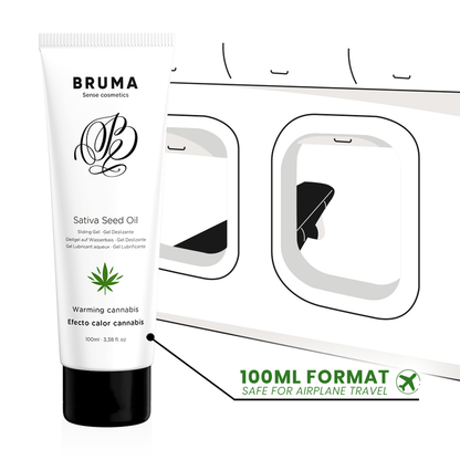 Embalagem do BRUMA Gel Deslizante Aquecedor Sabor Cannabis 100 ML, destacando o design e a descrição do produto.