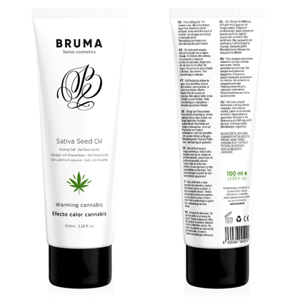 Embalagem do BRUMA Gel Deslizante Aquecedor Sabor Cannabis 100 ML, destacando o design e a descrição do produto.