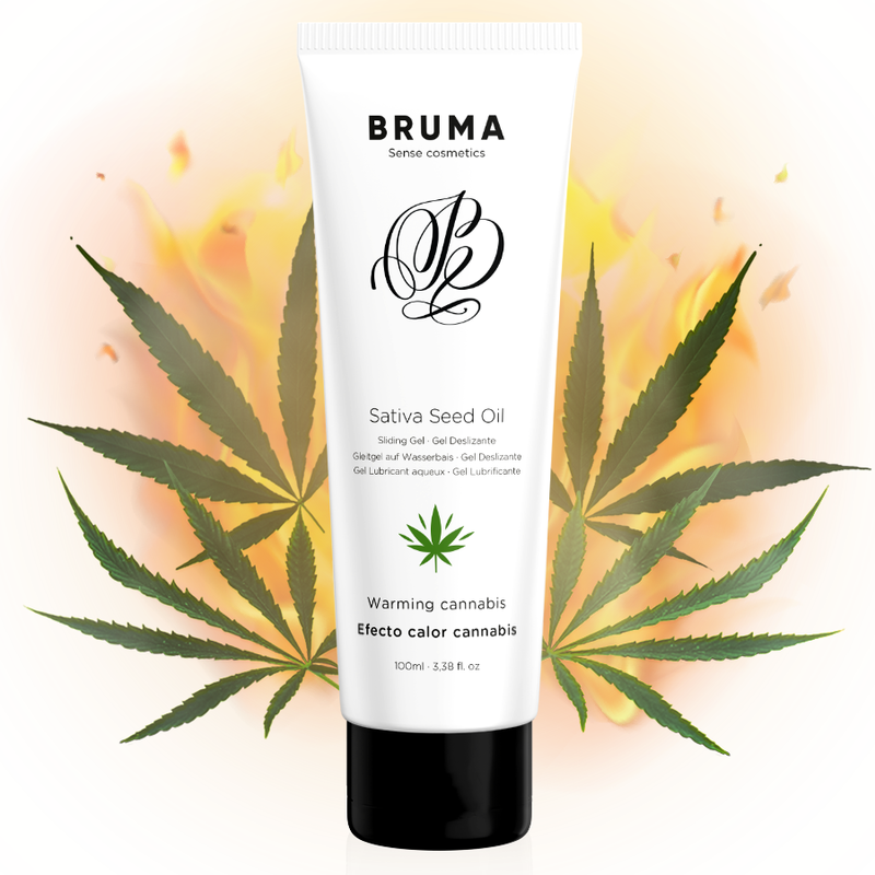 Embalagem do BRUMA Gel Deslizante Aquecedor Sabor Cannabis 100 ML, destacando o design e a descrição do produto.