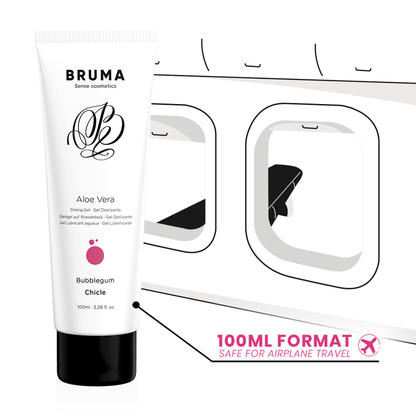 Detalhe do BRUMA Gel Deslizante Aloe Vera Sabor Bubblegum 100 ML, mostrando a embalagem e a textura do gel.